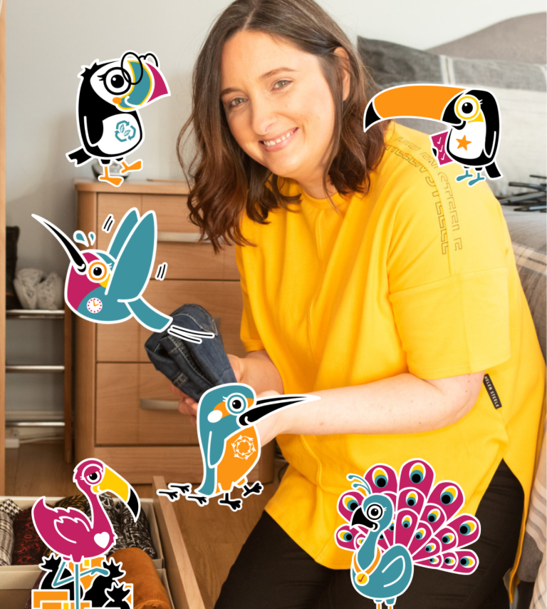 Declutterbird Owner along with the 6 Bird Images Depicting The 6 Decluttering Styles